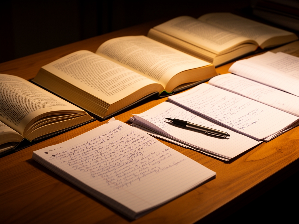 Organized collection of open research books, handwritten notes, and a pen on a wooden desk in warm directed light, representing the process of systematic knowledge organization and editorial research into physical conditioning