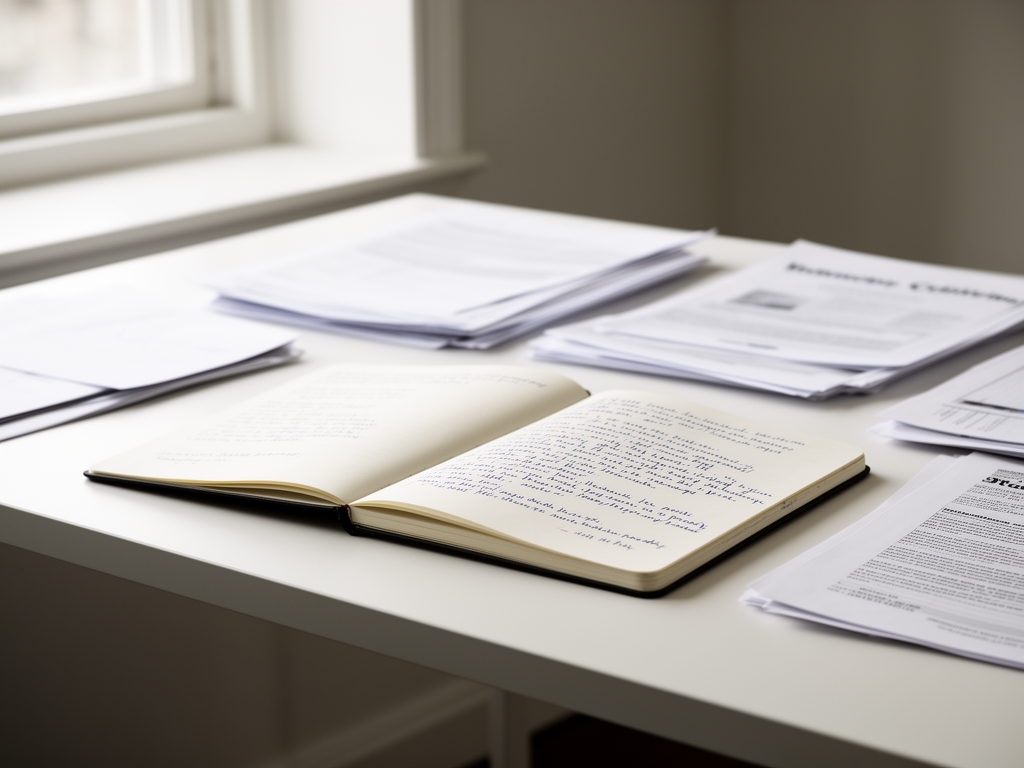 Clean, minimal desk workspace with organized papers, a notebook open to handwritten notes, and soft natural light from a nearby window, representing a quiet editorial correspondence environment