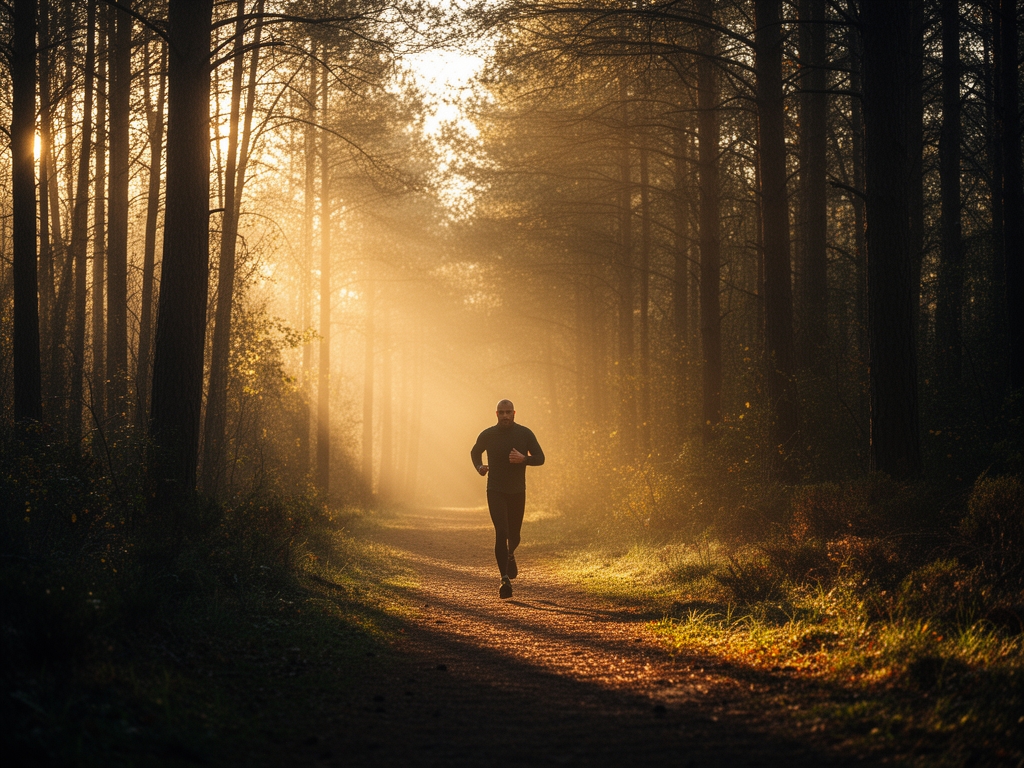 Early morning outdoor landscape with a single figure moving along a forest path in low golden light, representing the quiet discipline of consistent physical practice