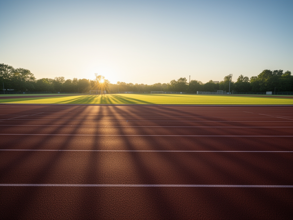Wide open training ground at dawn with long shadows stretching across an empty outdoor athletic track, evoking discipline and structured physical practice