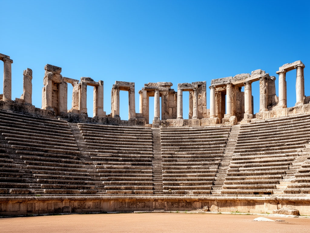 Ancient stone athletic arena with tiered seating and weathered columns under clear blue sky, evoking the classical world of organized physical competition and civic athletic culture