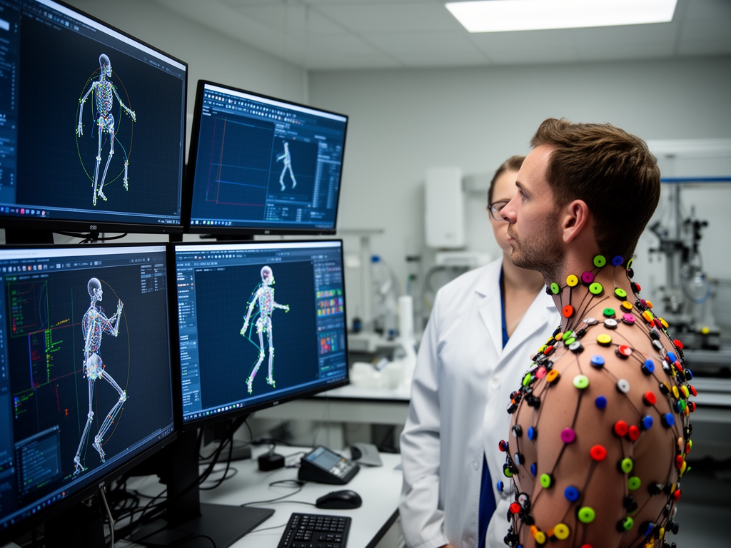 Researcher in a biomechanics laboratory observing motion-capture data displayed on large monitors, with reflective markers visible on a study participant, representing modern scientific analysis of human movement
