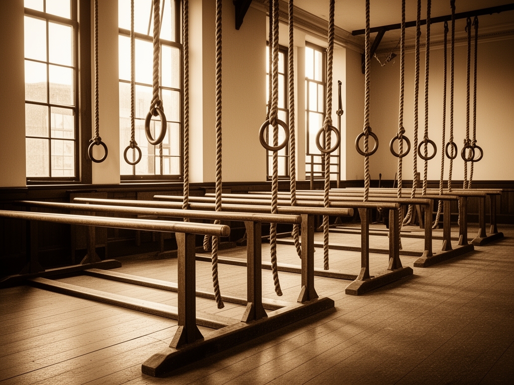 Victorian-era gymnasium interior with wooden parallel bars, climbing ropes, and iron ring apparatus arranged in rows, photographed in warm sepia tones depicting organized physical education