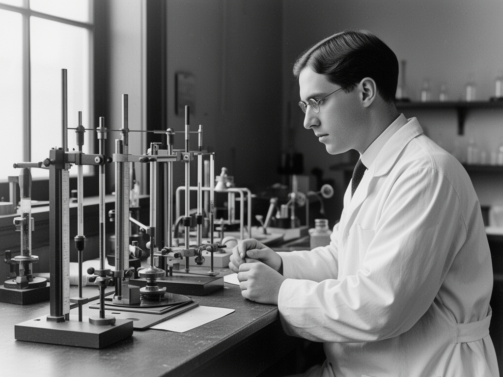 Black-and-white photograph of an early 20th century laboratory setting with measurement instruments and a researcher observing physical performance data, representing the scientific study of human movement