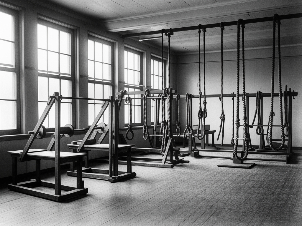 Vintage black-and-white photograph of a gymnasium with wooden exercise apparatus and ropes in early 20th century style, evoking the historical roots of physical training culture