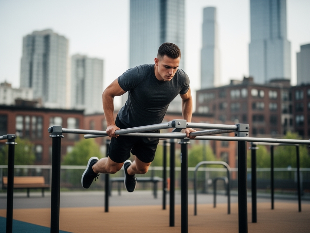 Athlete performing a controlled bodyweight movement on parallel bars in an outdoor urban setting, focused and deliberate posture suggesting structured practice