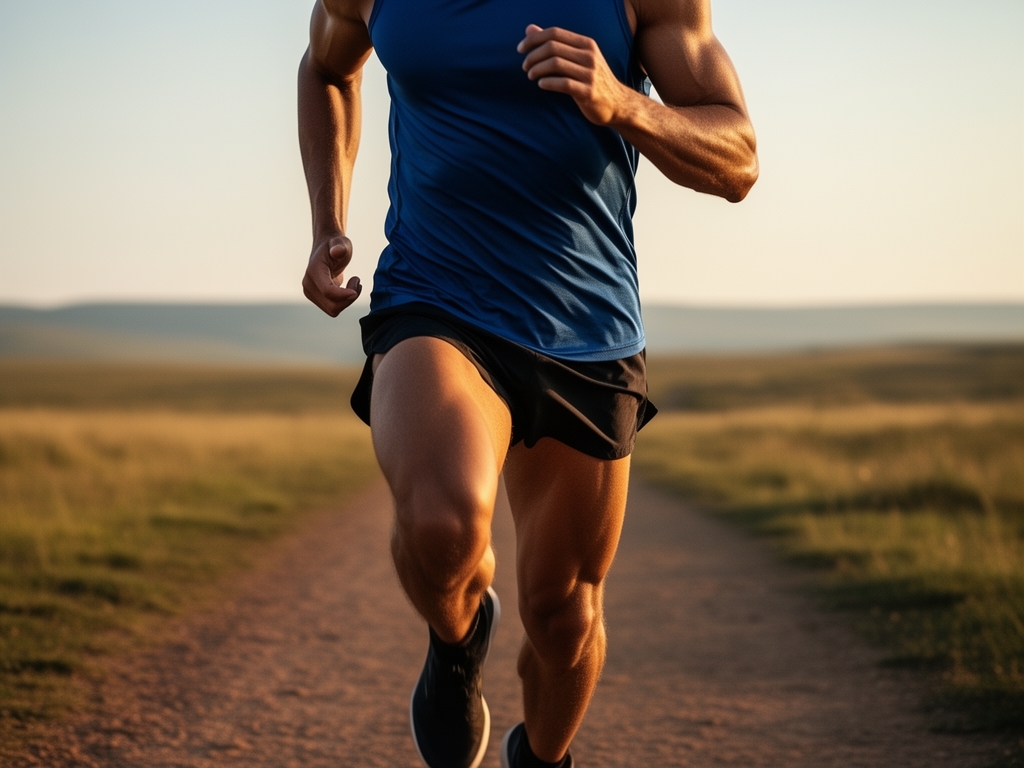 Close-up of a human figure in motion captured in natural morning light, muscles visibly engaged in a running stride on a dirt path through open landscape