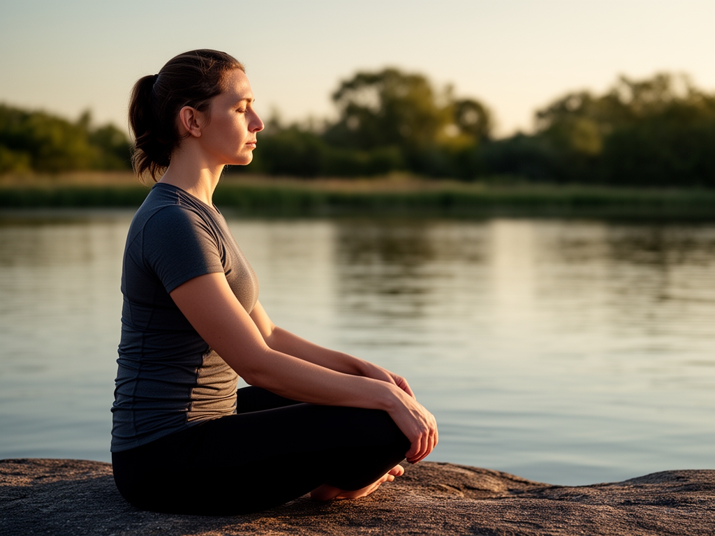 Person sitting in still contemplation outdoors near a calm water surface during late afternoon light, representing the relationship between physical discipline and general well-being